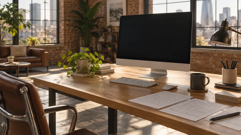 A Nashville converted-warehouse web development studio with a blank monitor and paper wireframes on an oak desk in warm afternoon light