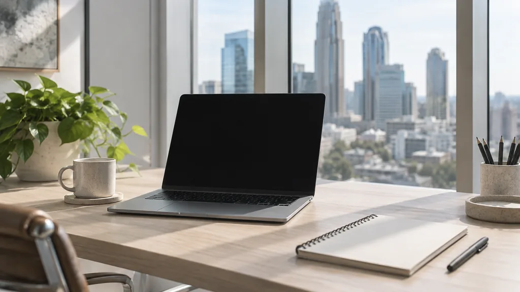 A Charlotte uptown web development studio with a blank laptop screen and sketchbook on a pale ash desk in bright filtered daylight