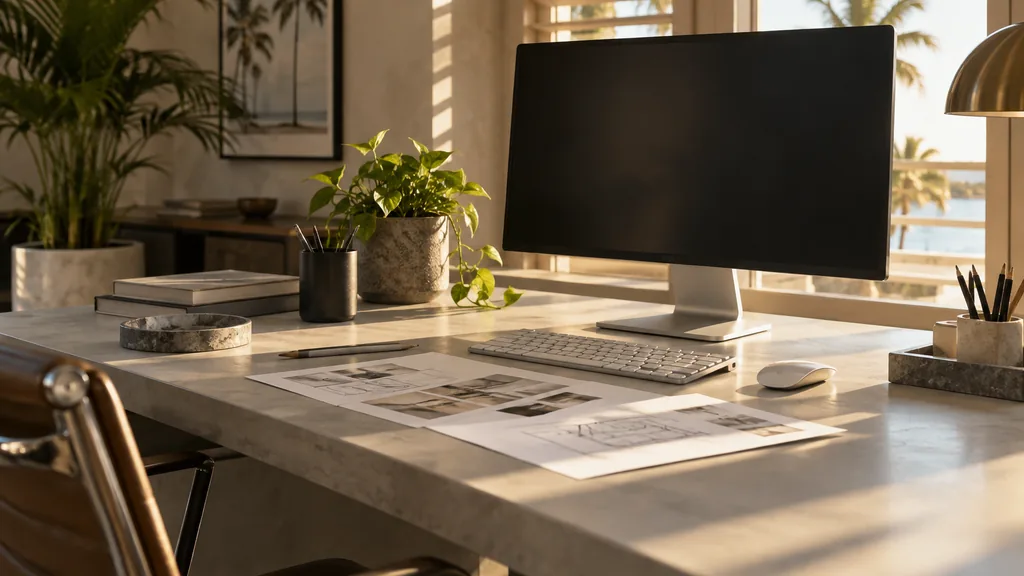A Tampa web development studio with a blank monitor and layout sketches on a light concrete desk in warm Gulf-coast light through shutters