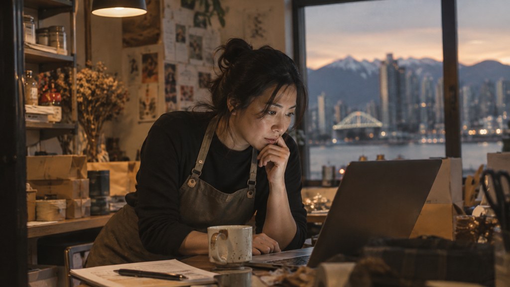 A small-business owner in an apron leaning over a laptop on a cluttered back-office desk late in the day, photographed in Vancouver
