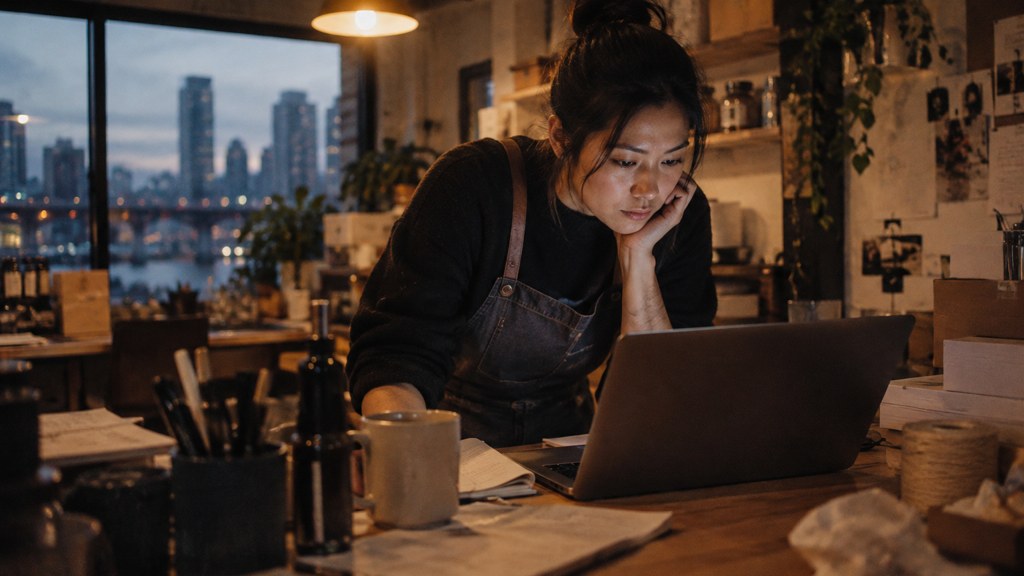 A small-business owner in an apron leaning over a laptop on a cluttered back-office desk late in the day, photographed in Vancouver