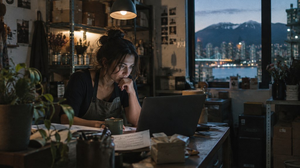A small-business owner in an apron leaning over a laptop on a cluttered back-office desk late in the day, photographed in Vancouver