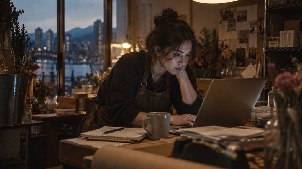 A small-business owner in an apron leaning over a laptop on a cluttered back-office desk late in the day, photographed in Vancouver