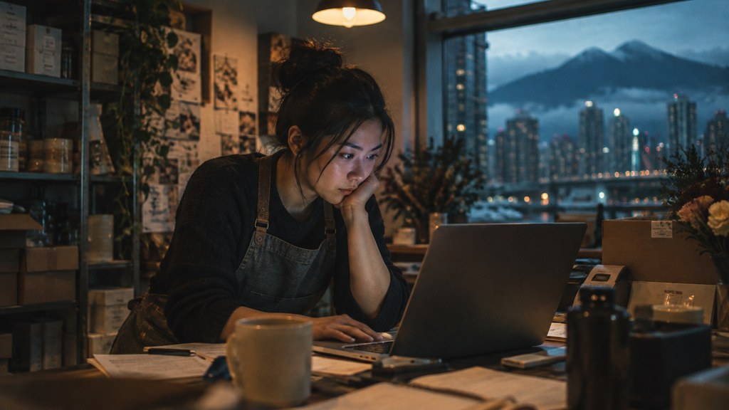 A small-business owner in an apron leaning over a laptop on a cluttered back-office desk late in the day, photographed in Vancouver