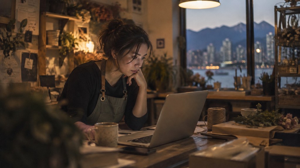 A small-business owner in an apron leaning over a laptop on a cluttered back-office desk late in the day, photographed in Vancouver