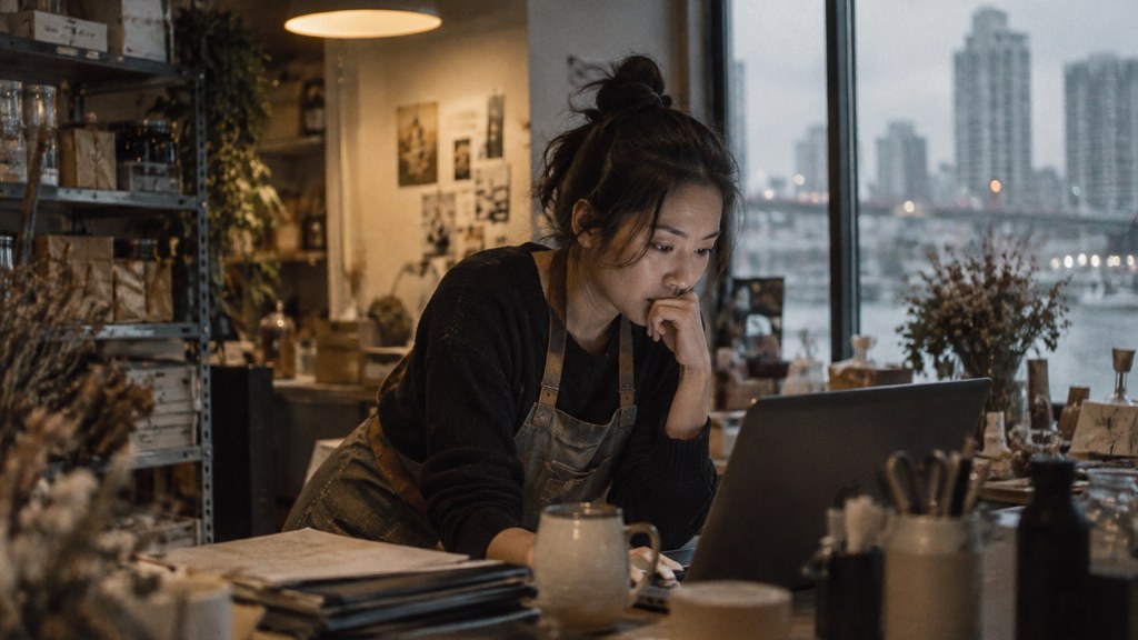 A small-business owner in an apron leaning over a laptop on a cluttered back-office desk late in the day, photographed in Vancouver