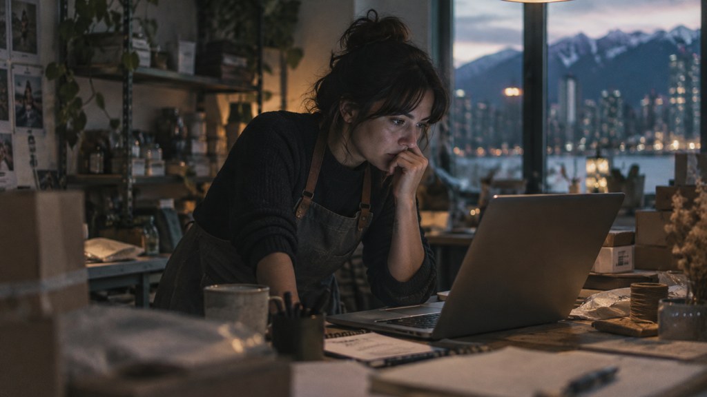 A small-business owner in an apron leaning over a laptop on a cluttered back-office desk late in the day, photographed in Vancouver