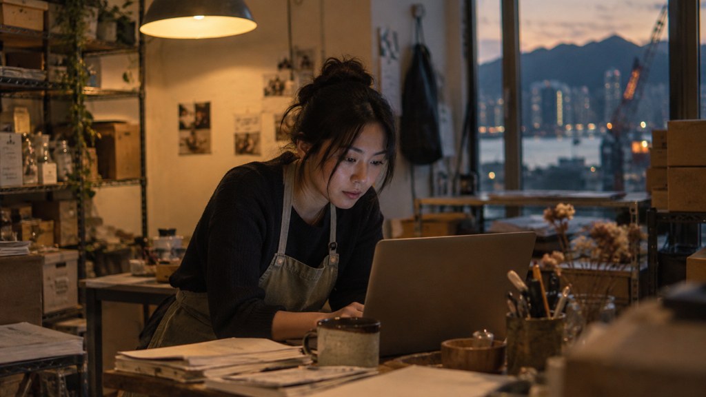 A small-business owner in an apron leaning over a laptop on a cluttered back-office desk late in the day, photographed in Vancouver
