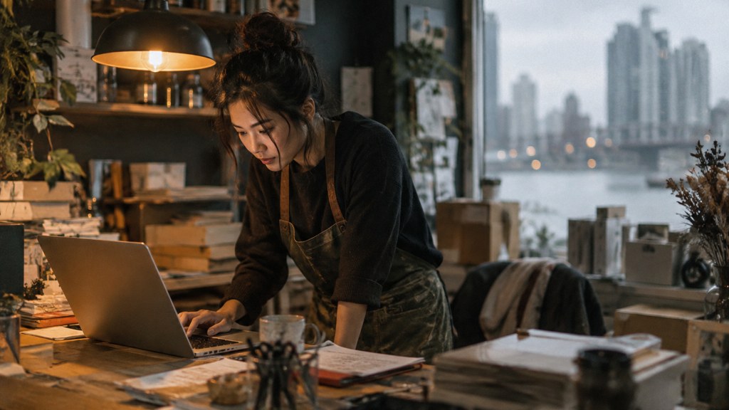 A small-business owner in an apron leaning over a laptop on a cluttered back-office desk late in the day, photographed in Vancouver