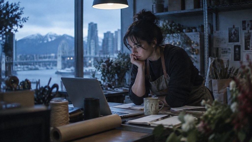 A small-business owner in an apron leaning over a laptop on a cluttered back-office desk late in the day, photographed in Vancouver