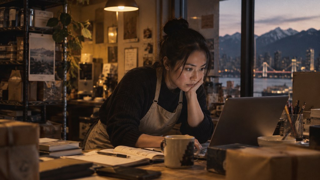 A small-business owner in an apron leaning over a laptop on a cluttered back-office desk late in the day, photographed in Vancouver