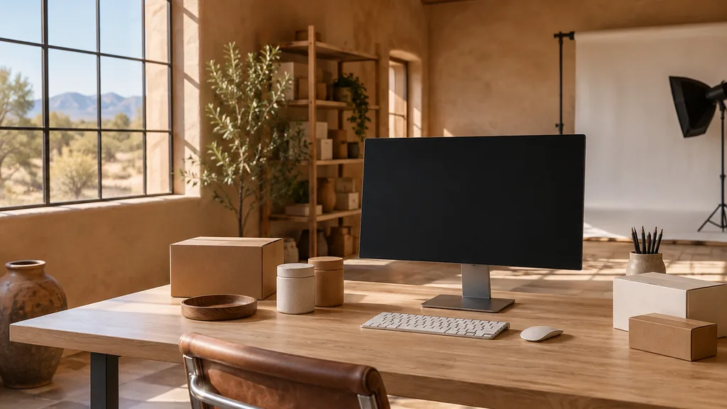 An Albuquerque ecommerce development studio with a blank monitor and product packaging samples on a pale oak desk in warm high-desert light
