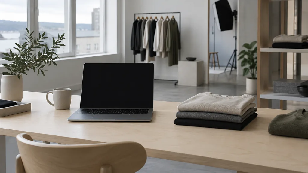 An Oslo ecommerce development studio with a blank laptop screen and folded garment samples on a light birch desk in cool Nordic daylight