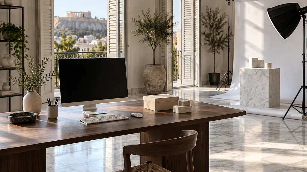 An Athens ecommerce development studio with a blank monitor and small product boxes on a walnut desk in bright Mediterranean light