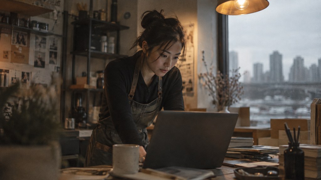 A small-business owner in an apron leaning over a laptop on a cluttered back-office desk late in the day, photographed in Vancouver