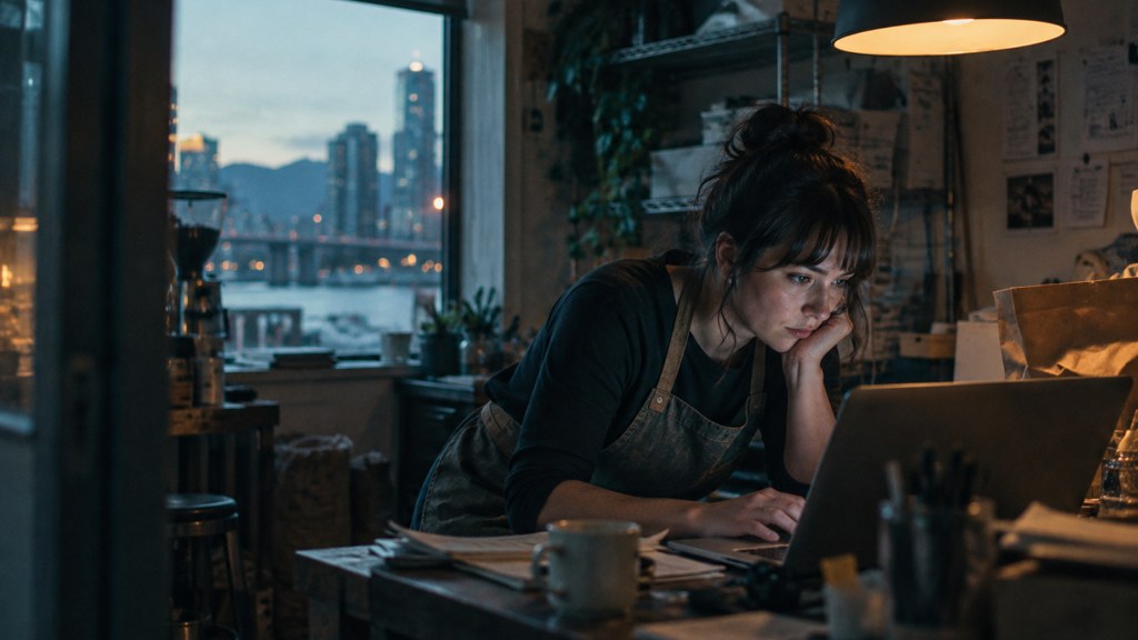 A small-business owner in an apron leaning over a laptop on a cluttered back-office desk late in the day, photographed in Vancouver