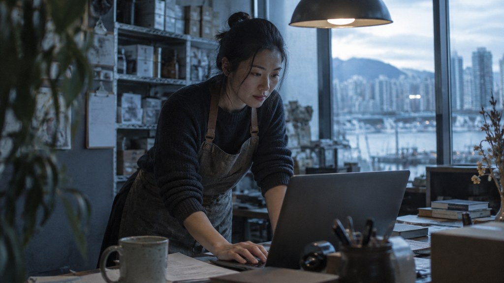 A small-business owner in an apron leaning over a laptop on a cluttered back-office desk late in the day, photographed in Vancouver