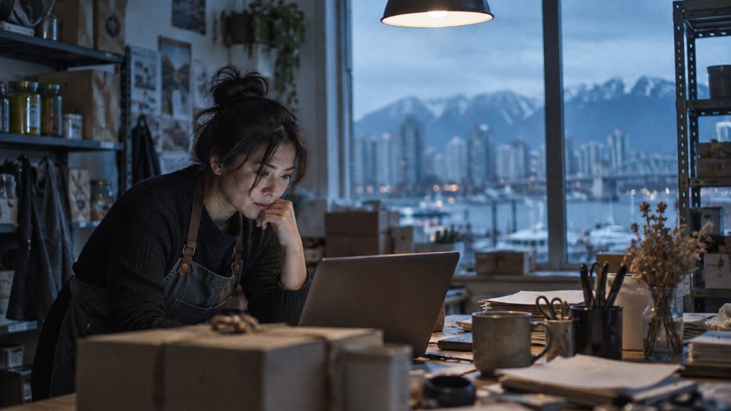 A small-business owner in an apron leaning over a laptop on a cluttered back-office desk late in the day, photographed in Vancouver