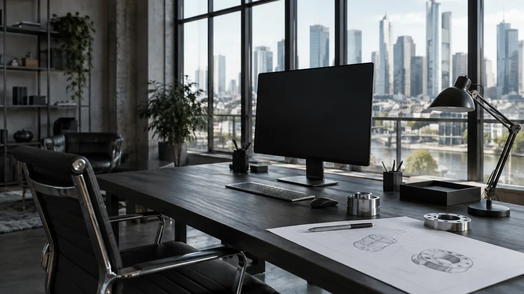 A Frankfurt loft web design studio with a blank monitor and component sketches on a dark ash desk in cool high-rise daylight