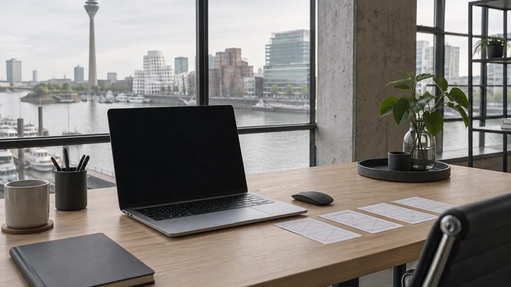 A Düsseldorf harbourside web design studio with a blank laptop screen and wireframe cards on a pale oak desk in soft grey Rhineland light