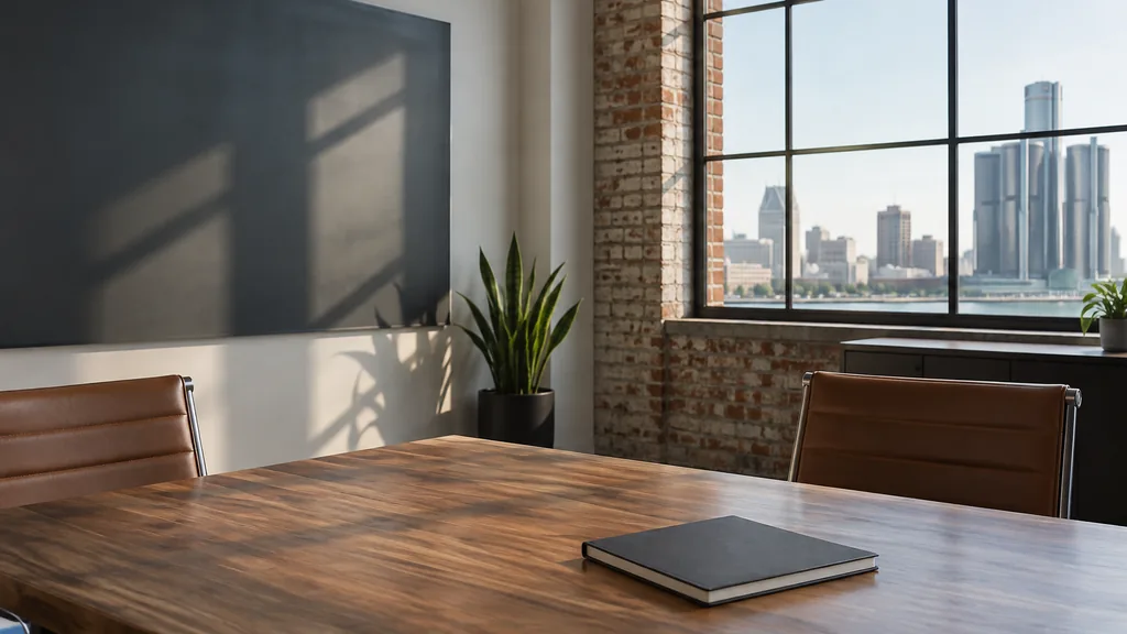 An empty workspace on a Detroit studio table of dark walnut with a blank whiteboard and one closed notebook in warm morning light