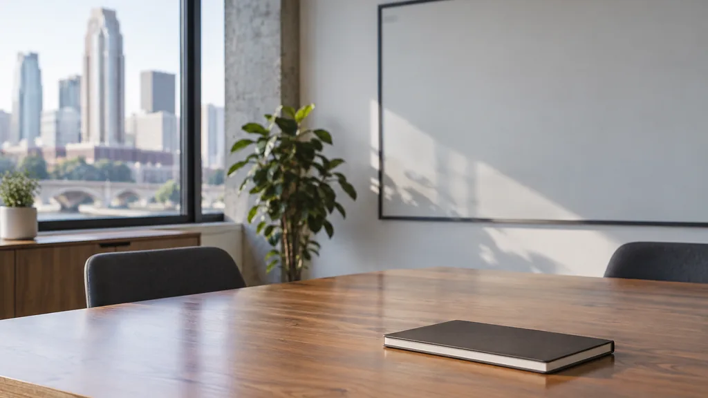 An empty workspace on a Minneapolis meeting table of pale birch with an empty planning wall and a plain mug in cool north light