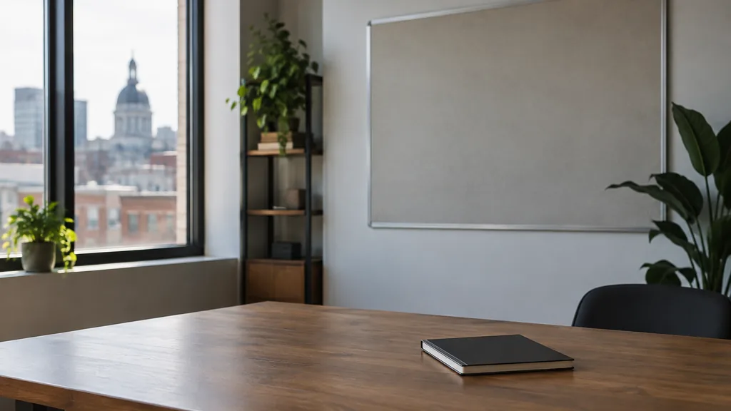 An empty workspace on a Baltimore office table of reclaimed timber with a blank strategy wall and one plain mug in soft window light