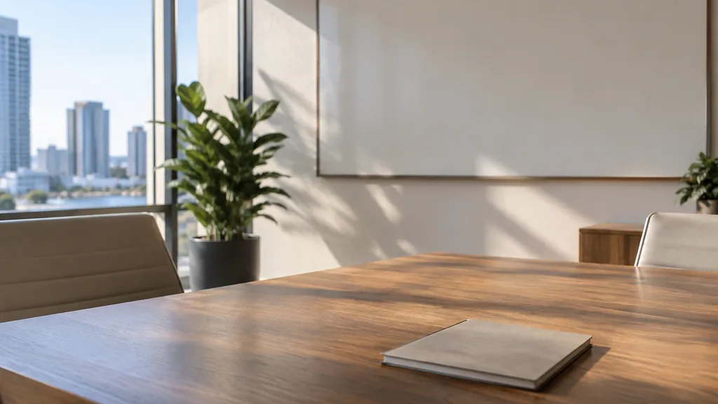 An empty workspace on an Orlando office table of white ash with an empty whiteboard and a plain water glass in warm afternoon light