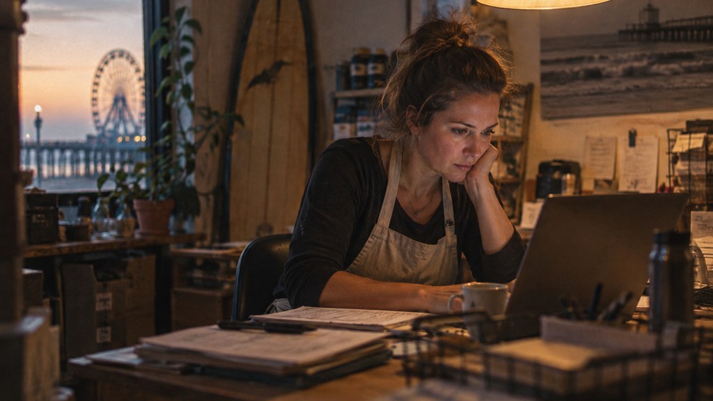 A small-business owner in an apron leaning over a laptop on a cluttered back-office desk late in the day, photographed in Virginia Beach