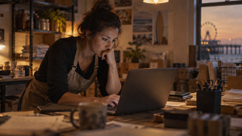 A small-business owner in an apron leaning over a laptop on a cluttered back-office desk late in the day, photographed in Virginia Beach