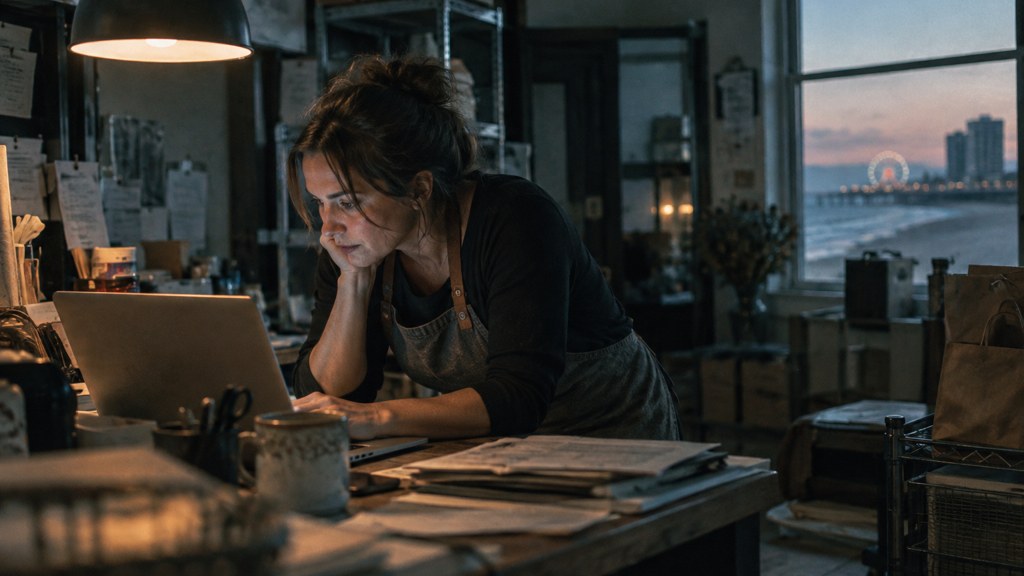 A small-business owner in an apron leaning over a laptop on a cluttered back-office desk late in the day, photographed in Virginia Beach