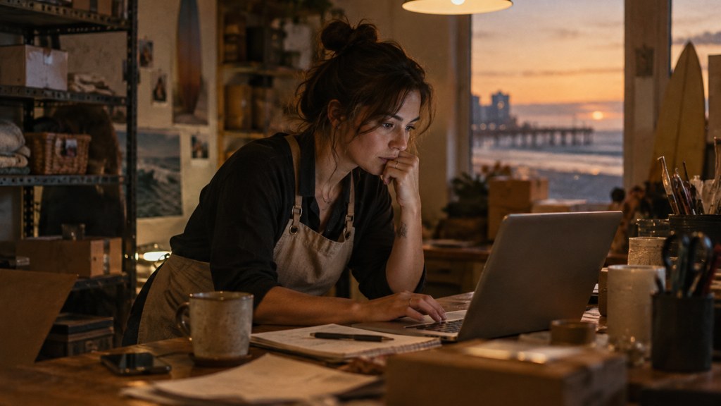 A small-business owner in an apron leaning over a laptop on a cluttered back-office desk late in the day, photographed in Virginia Beach