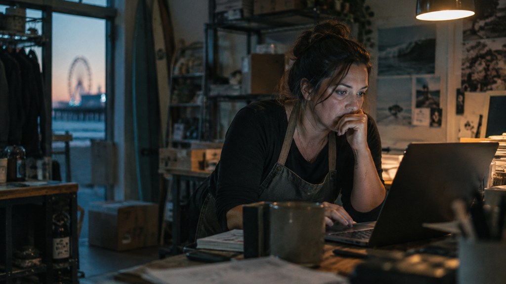 A small-business owner in an apron leaning over a laptop on a cluttered back-office desk late in the day, photographed in Virginia Beach