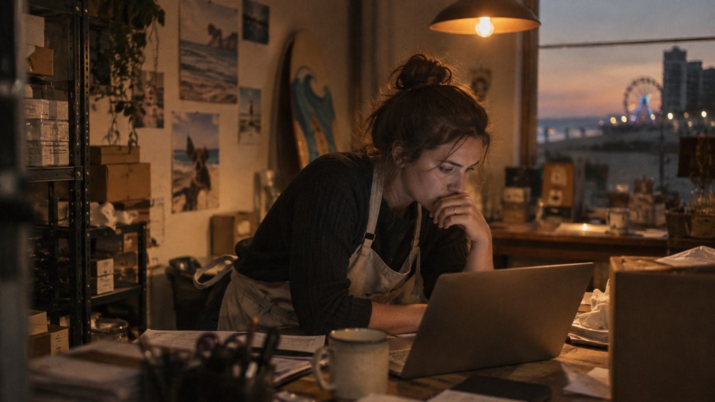 A small-business owner in an apron leaning over a laptop on a cluttered back-office desk late in the day, photographed in Virginia Beach