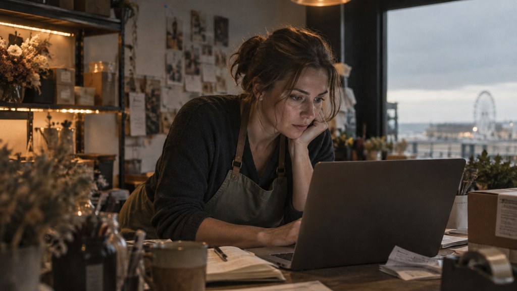 A small-business owner in an apron leaning over a laptop on a cluttered back-office desk late in the day, photographed in Virginia Beach