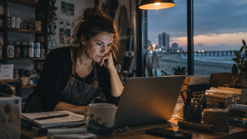 A small-business owner in an apron leaning over a laptop on a cluttered back-office desk late in the day, photographed in Virginia Beach