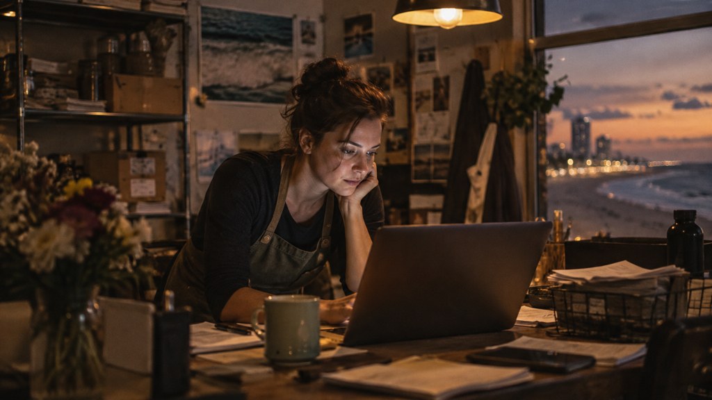 A small-business owner in an apron leaning over a laptop on a cluttered back-office desk late in the day, photographed in Virginia Beach