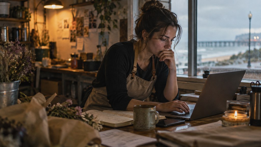 A small-business owner in an apron leaning over a laptop on a cluttered back-office desk late in the day, photographed in Virginia Beach