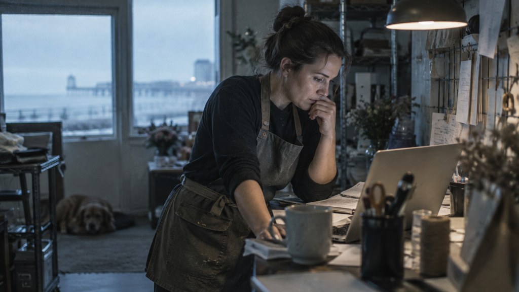 A small-business owner in an apron leaning over a laptop on a cluttered back-office desk late in the day, photographed in Virginia Beach