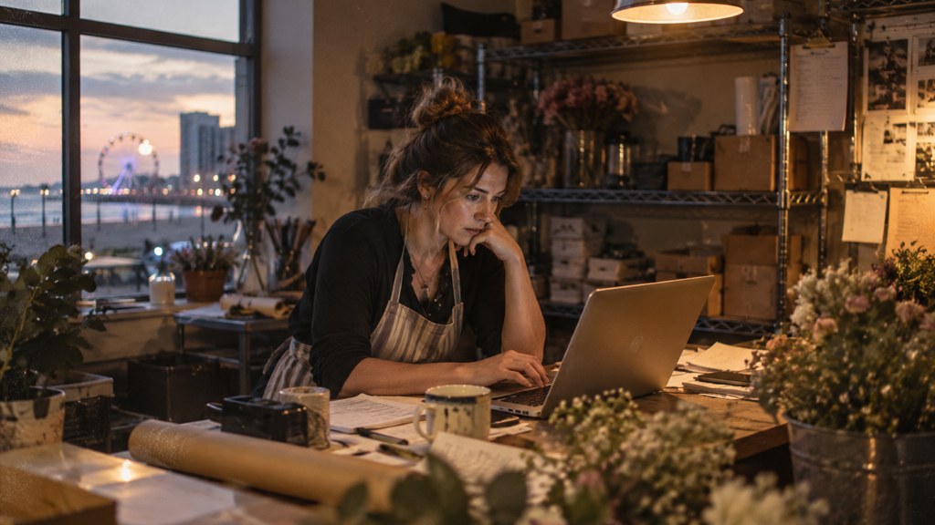 A small-business owner in an apron leaning over a laptop on a cluttered back-office desk late in the day, photographed in Virginia Beach