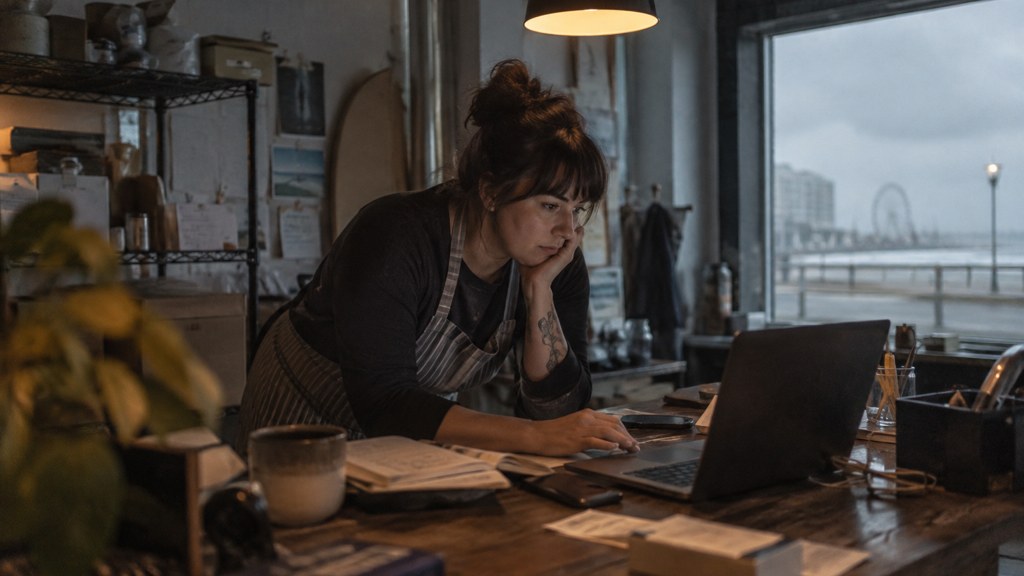 A small-business owner in an apron leaning over a laptop on a cluttered back-office desk late in the day, photographed in Virginia Beach