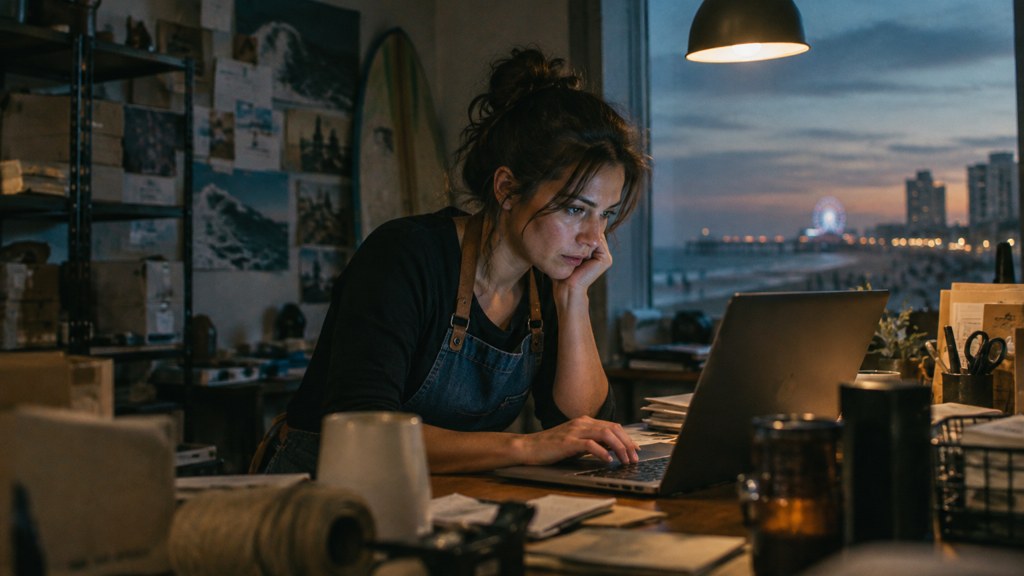 A small-business owner in an apron leaning over a laptop on a cluttered back-office desk late in the day, photographed in Virginia Beach