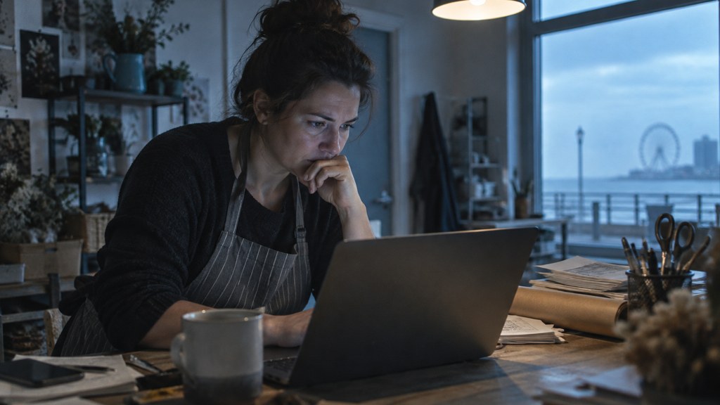 A small-business owner in an apron leaning over a laptop on a cluttered back-office desk late in the day, photographed in Virginia Beach