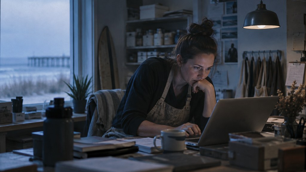 A small-business owner in an apron leaning over a laptop on a cluttered back-office desk late in the day, photographed in Virginia Beach