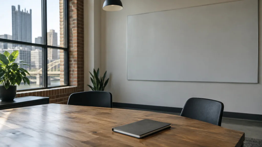 An empty workspace on a Pittsburgh office table of dark walnut with a blank planning wall and one closed notebook in warm morning light