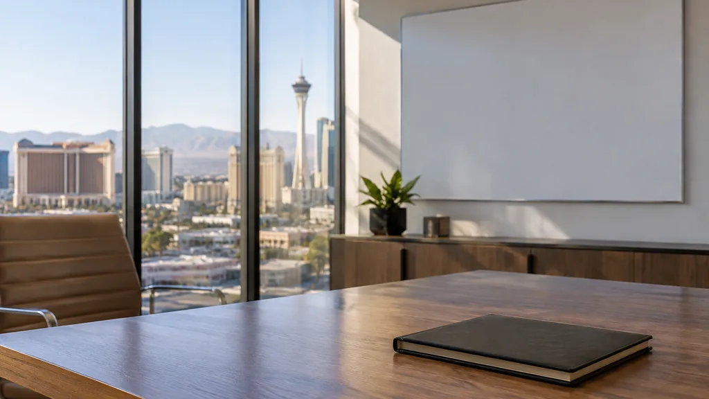 An empty workspace on a Las Vegas office table of pale oak with an empty pinboard and a plain water glass in bright filtered light