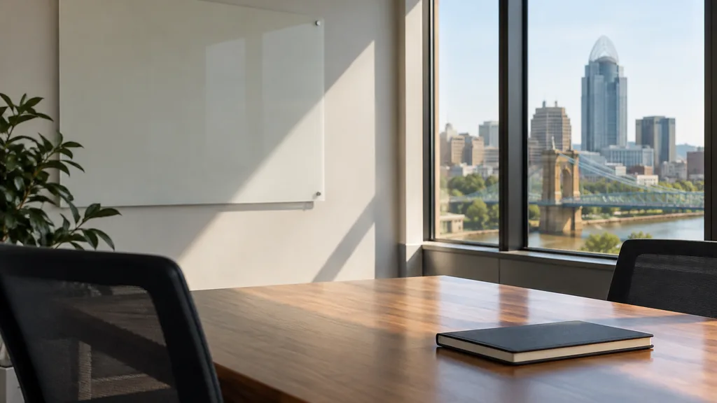 An empty workspace on a Cincinnati office table of reclaimed timber with an empty strategy wall and one plain mug in soft window light