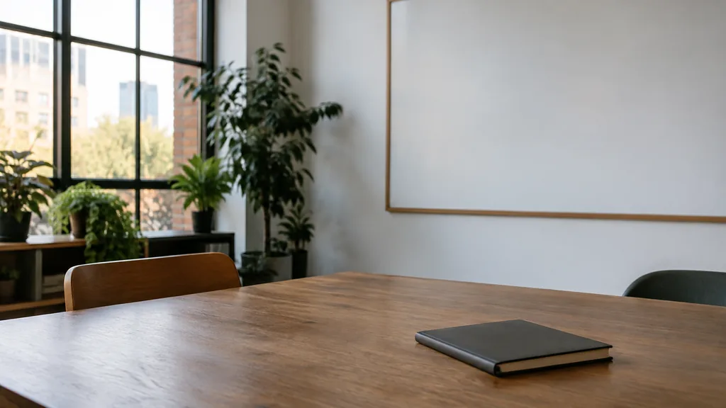 An empty workspace on a Portland office table of fir wood with an empty planning wall and one closed notebook in cool north light