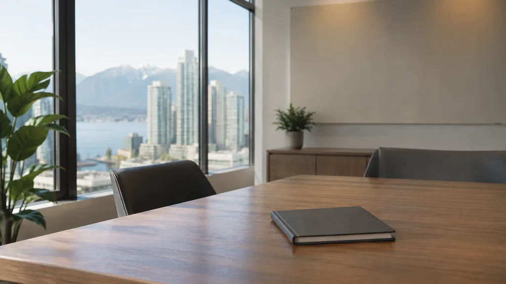 An empty workspace on a Vancouver office table of cedar with an empty planning wall and a plain water glass in bright coastal light