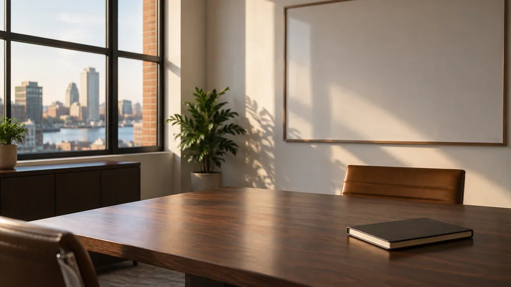 An empty workspace on a Baltimore office table of dark walnut with an empty planning wall and one closed notebook in warm morning light